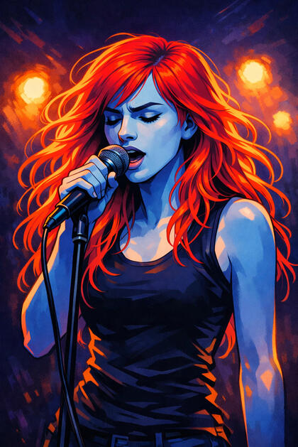 Graphic novel style image of exit singing with eyes closed into a microphone on stage with stage lights behind her