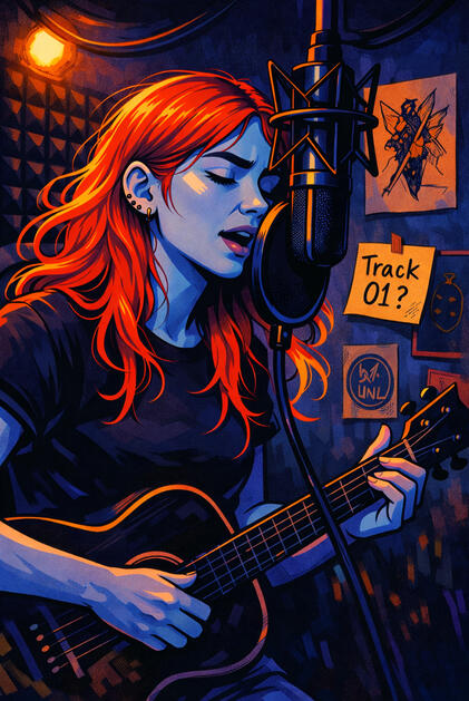 Exit Recording Graphic novel style image of Exit singing into a microphone in a home made recording booth in her closet at home with notes taped to the wall