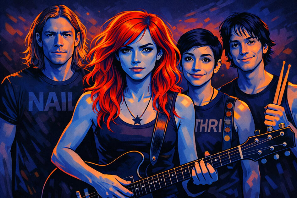 Graphic novel style image of the Volume Rising core band facing the viewer including Exit, Jax, Dev, Leo